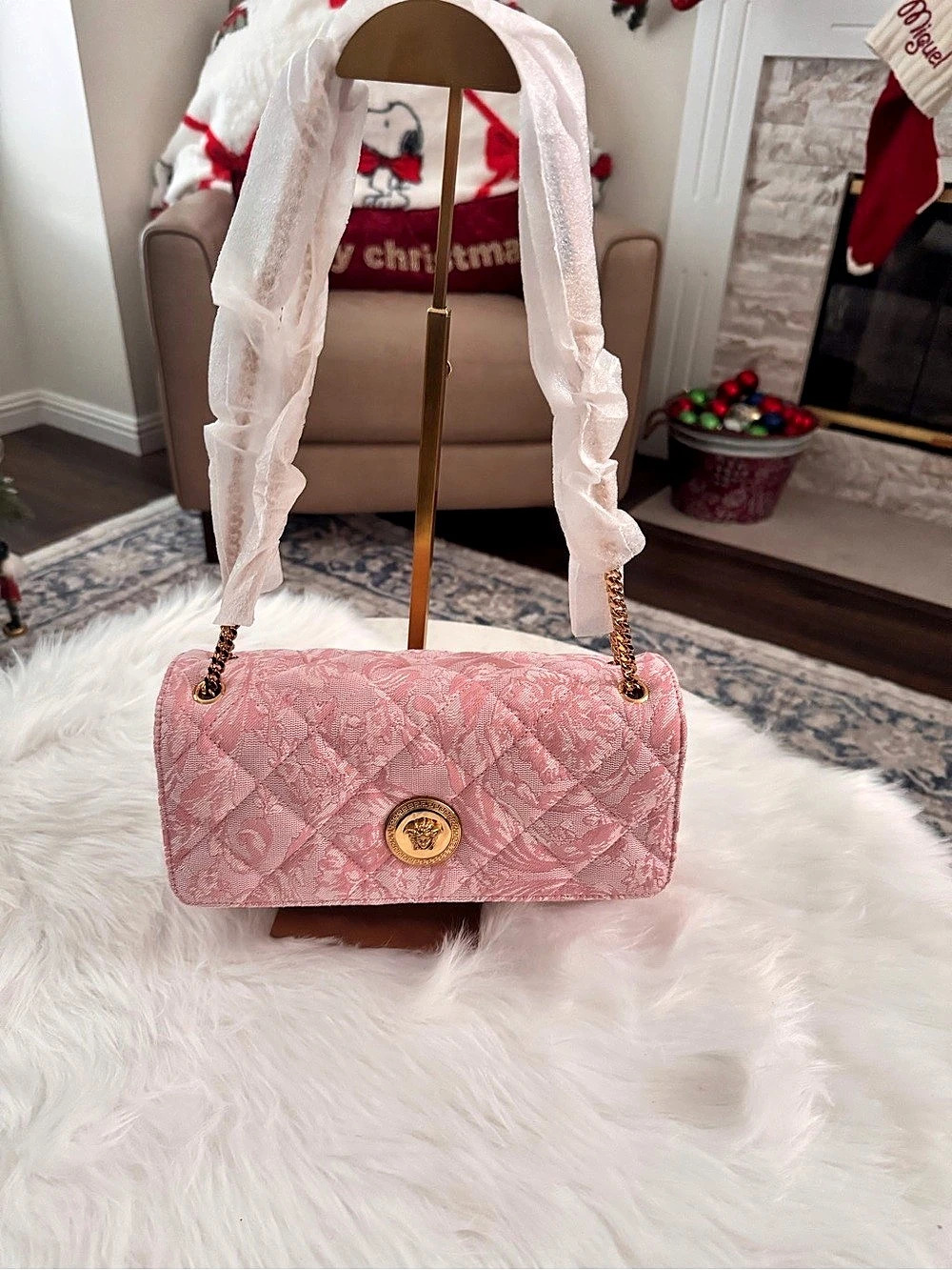 Versace Baroque Jacquard Quilted Small Medusa Shoulder Bag Pink Shoulder Bag New